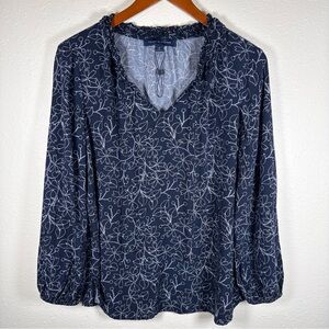 Tommy Hilfiger Boho Peasant Blouse Navy White Floral M Long Sleeve